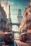 Placeholder: Lisbon city view in fantasy cyberpunk style with famous tram, eiffel tower and lisbon bridge in background