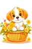 Placeholder: Illustrate a cute puppy sitting in a basket full of flowers. Use warm colors like orange and yellow, white background