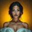 Placeholder: Born of the Ocean Where the sea becomes a gown and every wave moves with her. A moment of gown in waves ,A high-quality professional portrait of a looking directly into the camera with a calm expression, ultra-smooth flawless skin, soft dramatic studio lighting. The background is a soft light, deep dark yellow with a subtle gradient effect, and a bright, vibrant glowing yellow neon aura outlines the hair and shoulders, creating a striking backlit halo. Photorealistic, 8k resolution, cinematic