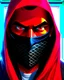 Placeholder: Draw an illustration with a red and black hood and a dragón mask over they eyes