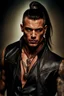 Placeholder: portrait of a 35 year old Handsome muscular male with dark bronze skin adorned with tattoos. His long dark hair is tied back in a pony tail. He's wearing a leather vest and has a dagger which hangs from his belt. Dark fantasy. Hyperrealistic