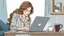 Placeholder: under a bed lies down a woman and working on a laptop, she has half-length brown hair and wearing pajamas , pale light, half socks and a mug of coffee next to her, high detalied, sharp focus, high realistic photo, perfect shot