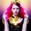 Placeholder: Attractive young teenage girl with golden red hair wearing a gold tiara, who is dressed like a witch casting a spell holding a blue gem, she has cat ears and open dazzling blue eyes, background is realistic space with a moon, the girl is on a planet, black black girl dress, full body portrait, arm colors gradient effect into stars, rendered, unity 3d, unreal engine, dslr, hdr, 4k, edited, photorealistic, normal number of appendages, freckles, artists render