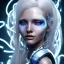 Placeholder: A beautiful portrait of a cute smiling cyberpunk woman, long blond platinum hair, high key lighting, volumetric light high details with blue and white stripes and feathers and white celtic paterns, beam starry background