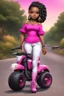 Placeholder: Create a digital airbrush cartoon of a curvy African American chibi female wearing tight white jeans and a off the shoulder hot pink blouse. She is also wearing timberland boots. Prominent make up with hazel eyes. Highly detailed very long extremely braids of black hair. Her skin is smooth and silky. Background of a track of ATV riders.