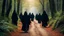 Placeholder: black robe hooded monks on the forest path