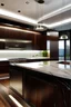Placeholder: Kitchen, modern style, dark walnut timber veneer, metal Fram with tinted glass door, curve island bench, marble bench top, cook top