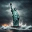 Placeholder: Hyper Realistic apocalyptic haunted view of broken statue of liberty at dark rainy night between the sea with big wave splashes