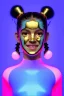 Placeholder: Rosalía artist, Ultra Realistic image, waist up portrait, gold teeth, black eye line, sweet smile face, pigtails hair, spray line make up, geometric, gold, big rings piercing, led ornament, bubble latex coat, inflatable, cold, led lights, geometric, neon, pink, blue, gold, vibrant color, highly detailed, art stations, concept art, smooth, unreal engine 5, god rays, ray tracing, RTX, lumen lighting, ultra detail, volumetric lighting, 3d, finely drawn, high definition, high resolution.