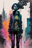 Placeholder: an impasto and tint line painting of a sad cyberpunk girl standing in front of a city made of smoke, ink leak, bronze - skinned, geometric curves, featured art, philosophical splashes of colors, art brought to life, soul shock