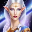 Placeholder: cosmic mage, elf, female, cosmic magic, long ears, white hair, face details, pale skin, jewellery, broad shoulders, sharp ears, cosmic clothes, cosmic eyes, ears shown, the cosmos in eyes, shining eyes, thin face, detailed ears, magical eyes, closed mouth, make up, smiling face, happy face, pointy ears