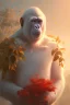 Placeholder: Ape portrait , detailed hands, at dawn by atey ghailan, golden light , white robe, holding leaves and flowers , angels background, volumetric light, high detail, red leaf tree, mountains in background, perfect