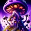 Placeholder: A long staircase spiraling off a hill and magically into the sky to meet a mushroom house in the distance A weird mushroom house with drippy spots on a floating space island. white purple tangerine. Detailed gloss Painting, rich color, fantastical, intricate detail, splash screen, hyperdetailed, insane depth, concept art, 8k resolution, trending on artstation