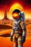 Placeholder: close up portrait a lone astronaut stands on an alien desert, the sun setting in vibrant hues of orange and yellow and red. His helmet reflects the light, he gazes at towering structures on the horizon—remnants of a once-great civilization. With every step through the barren sands, the weight of his mission grows heavier. Is he a pioneer, The silence and black shadows around him , surreal, dark sci-fi, utopistic vibe