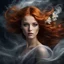 Placeholder: a girl with ginger hair and flower on her forehead, in the style of eerie dreamscapes, flowing fabrics, romantic windblowing, swirling hair, Windy, swirling dark style Dark, misty, fantasy Dark, dark scene, eerie, macabre, black smoke, ultraclear image"