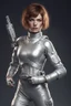 Placeholder: A young space warrior woman with freckles and short brown hair, wearing a silver jumpsuit and holding a pair of energy pistols