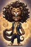 Placeholder: A fearless curvy dark-skinned airbrushed chibi swishes his lion tail excitedly, wearing a decorated suit with the Leo astrology symbol. With mane-like hair wild with curls, he smiles wide, showing off fangs. he stands arms and legs spread, steadfast as a lioness, demonstrating Leo courage and leadership. Background of a Leo zodiac symbol