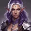 Placeholder: Generate a dungeons and dragons character portrait of the face of a female Half-Elf. She is a hexblade warlock. Her hair is White and Silver and voluminous. Her skin is tanned. Her eyes are deep purple. She wears leather armor in the aesthetic of a pirate.