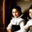 Placeholder: portrait of sisters Eira Santiago Arnau(ten year old, dark blonde) and Dalia Santiago Arnau (six year old, brunette) by Velazquez,smiling, oil on canvas, cinematic composition, extreme detail,8k,fit full head inside picture,