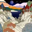 Placeholder: Colourful, peaceful, Gustav Klimt, Egon Schiele, night sky filled with galaxies and stars, rock formations, trees, flowers, one-line drawing, sharp focus, 8k, 3d, ornate