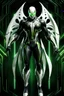 Placeholder: Cyborg symbiote, white color, green color, tendrils, high tech, cyberpunk, biopunk, membrane wings, carbon fiber, cyber tentacles, and the other two.