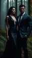 Placeholder: beautiful dark haired woman in a long dress standing next to a muscular male in a suit, Forest setting, dark fantasy, photorealistic. 4k