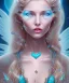 Placeholder: visage de femme cosmique fin de côté, féerique harmonieux grand cheveux blond, collier avec des codes céleste, dans le coeur avec en dessous chateau féerique, lac bleu turquoise,