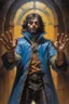 Placeholder: 1970's dark fantasy cover dnd style oil painting of a medieval human genius with hand claws sport outfits with minimalist far perspective. Magazine.