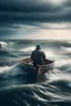 Placeholder: a man in row boat against the tied of the ocean storm