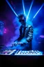 Placeholder: French cool synth player, he is called "Jean-Maurice Brûlée" performing at dance club, his name is "Jean-Maurice Brûlée" , white and blue Neon lights and smog, and "URANIUM" big sign on the wall, he is playing on synthesizers on stage with lot of laser beams and wearing black sunglasses, an earth is projected in background