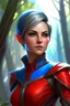 Placeholder: create an adult female air genasi from dungeons and dragons, black short hair, light blue eyes, wind like hair, wearing red leather clothing, realistic, from waist up, digital painting, high resolution, forest background, a bit zoomed out