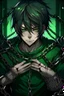 Placeholder: Boy in chains, cold and emotionless look coming from him, black hair, green eyes, Dark green background, a cut on his cheek, the bottom is full of chains, he is tied to his hands by handcuffs made by chains, anime style