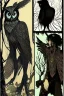 Placeholder: Black haired, owl-man, Skinny, warlock, with black wings, and owl legs, in the style of Harry Clarke