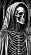 Placeholder: Skeleton on veil, black and white, sharp, 4k, pencil style, dark background