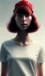 Placeholder: girl, cute, beautiful, red hair, black backwards cap, white tee shirt, long hair, head and shoulders portrait by Greg Rutkowski