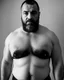 Placeholder: full figure shot photography of a burly chubby turkish prisoner , 50 years old , shirtless in white dirty boxer, long beard, long hair , in a dark prison, dirty, ugly, bullneck, muscular, crossed arms, manly chest, shirtless, bulge, misery and poverty, emotive eyes, photorealistic, ultradetailed, 32k, side view from below, dim light