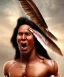 Placeholder: native american warrior, long black hair, big muscles, face up, mouth wide open, scream face, shirtless, looking to the sky