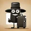 Placeholder: Social Media Design suitcase has eyes, a mouth, eyes, hands and legs, a cute smiley, wearing a black hat and carrying a passport. Comic shape. . A simple background. Give me the image with the best automated atmosphere. Sinai. Darmi.