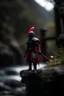 Placeholder: portrait of black knight with red feather on stone bridge in mountain pass in forest,shot on Hasselblad h6d-400c, zeiss prime lens, bokeh like f/0.8, tilt-shift lens 8k, high detail, smooth render, down-light, unreal engine, prize winning