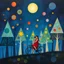 Placeholder: create a poetic dreamlike painting in the style of Marc Chagall, geometric family of father, mother, and baby riding a bicycle through a magical night forest, glowing triangular trees and colorful circles floating like stars, large luminous moon overhead, painterly textures with deep blues and purples, surreal and emotional atmosphere --ar 16:9 --v 7 --style 4b --q 2