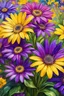 Placeholder: ideal image optimization, the best lush Osteospermum result, Create stunning summer flowers art combining Gustav Klimt's intricate style with Pierre-Auguste Renoir's vibrant brushstrokes. Use alcohol ink splatter for dynamic elements. Aim for hyper-detailed super realism in 8K, with bright neon colors and gold accents, capturing a radiant summer day. Add an Art Nouveau aesthetic to enhance elegance and sophistication of this award-winning Masterpiece, seamless pattern