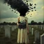 Placeholder: "DREAD IS ALL YOU KNOW" text in shaky writing, metaphoric, girl dressed in an ecru sun dress with a black void face despondently standing in a cemetery holding a small director's clapperboard with a swarm of black butterflies exiting the void face and forming a dark cloud in the sky, hallucinogenic color matte oil painting, photo negative glitchy rainbow pixelated corruption textures, unsettling nightmare setting, moody, sinister, profound, dramatic, fantastical,