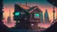 Placeholder: small Wooden Cabin, In cyberpunk city-skyline, comic style