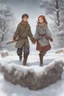 Placeholder: DnD style, two medieval peasant kids playing in the snow male and female, age 14 and 15, happy and playful