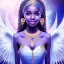 Placeholder: portrait of a beautiful somalian woman with an angel face smiling,long blond hair, blue eyes, pink and blue dress, jewels, soft light aura