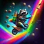 Placeholder: A raccoon astronaut riding a rainbow bike on a mission to gather space trash, jumping over asteroids as he goes.