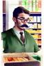 Placeholder: Mustached and bespectacled man clerking in a small rural grocery store in 1920. Watercolor and pen illustration by michal sawtyruk, trend in artstation, long brush strokes.