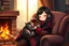 Placeholder: cute chibi brunette woman by the firelight, wrapped in a plaid blanket, curled up in an armchair with a tabby cat on her lap, drinking red wine from a glowing glass, S<AI, charcoal