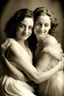 Placeholder: couple of women, one hugs the other from behind; dressed in chiffon nightgowns, medium shot, image photogrphy, 16K, toned to soft sepia tones