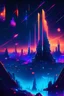 Placeholder: A sparkling city of glass and neon towers, hovering over a sea of stars, Cyberpunk, Digital Illustration